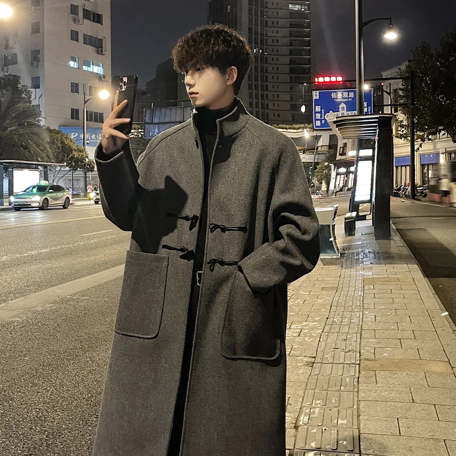 Autumn Winter Men Horn Button Woolen Coat Mid Length Stand Collar Trench Solid Color Big Pocket Overcoat Streetwear 251023