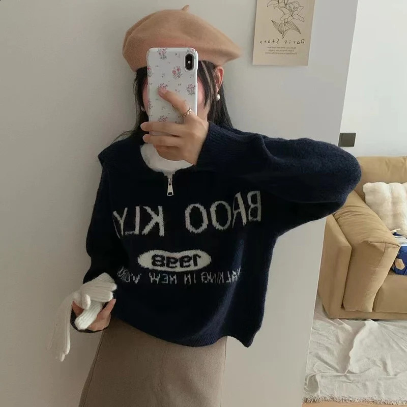 Trend Letter Embroidery Womens Sweater Half Zipper Crew Neck Sweater Woman Autumn Winter Loose Long Sleeve Short Pullovers Lady 251023