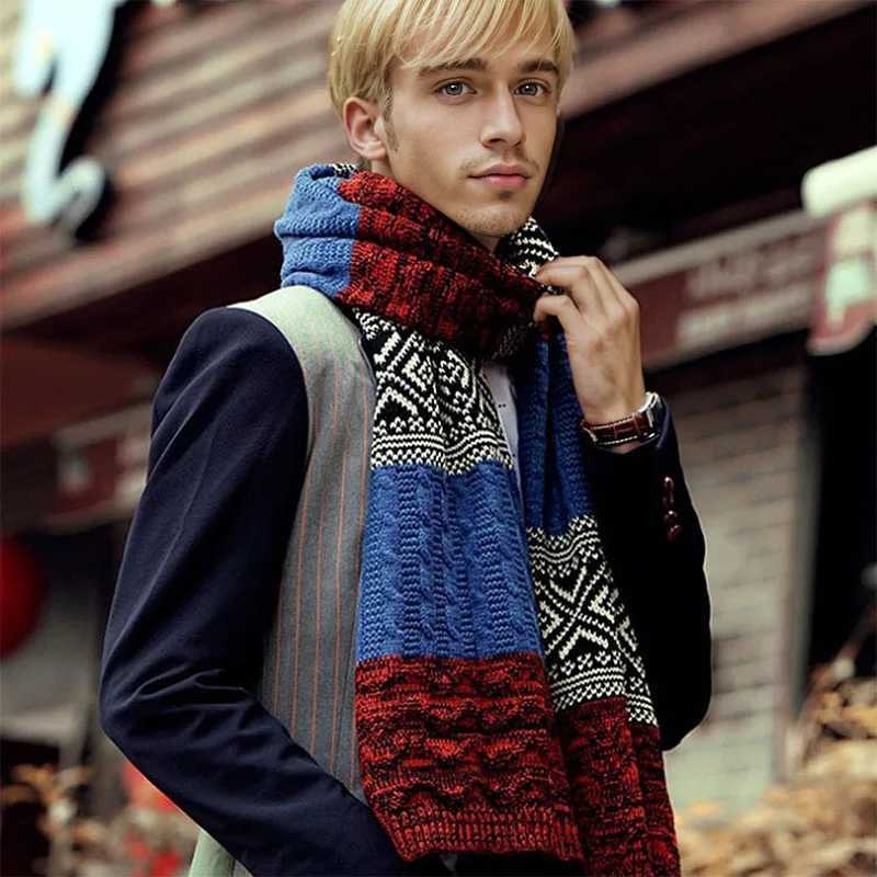 Winter Mens Scarf Checkered Scarf Casual Knit Keep Warm Neckerchief Patchwork Wool Cashmere Scarf AC086 J251113