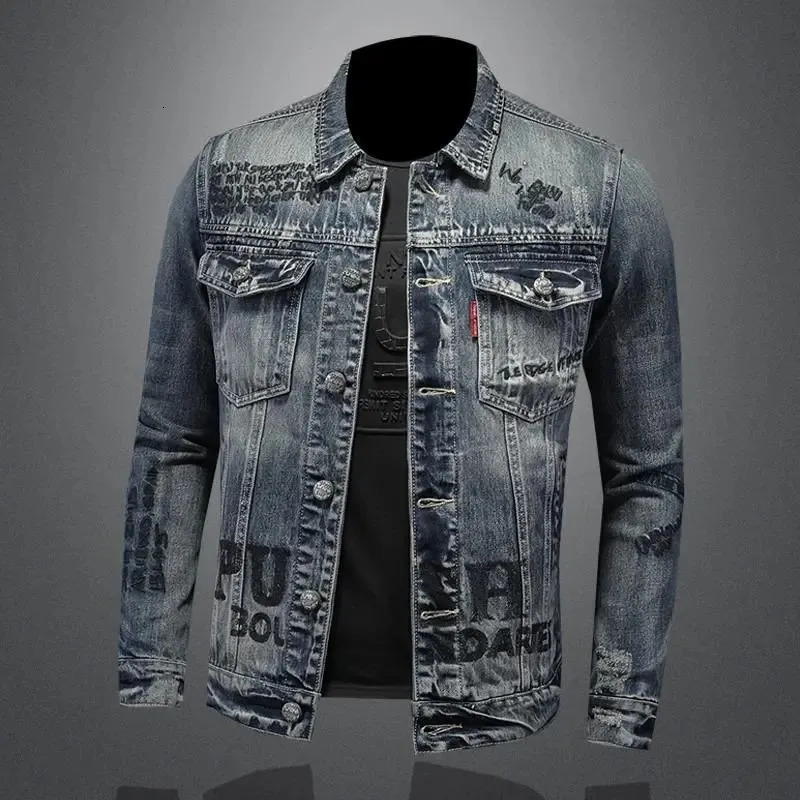 mens denim jacket fashion casual lapel handsome motorcycle high street retro trend loose top clothing 251017