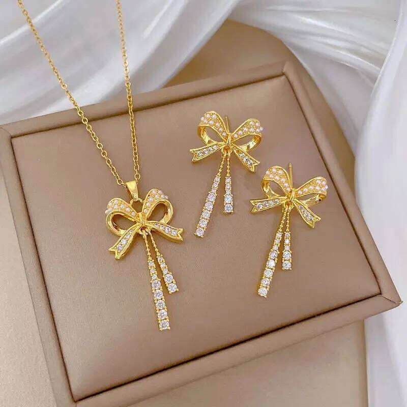 Exquisite And Fashionable Hollow Pearl Bow Tassel Necklace Earrings Set Classic Personality Girls Stainless Steel Jewelry Gift