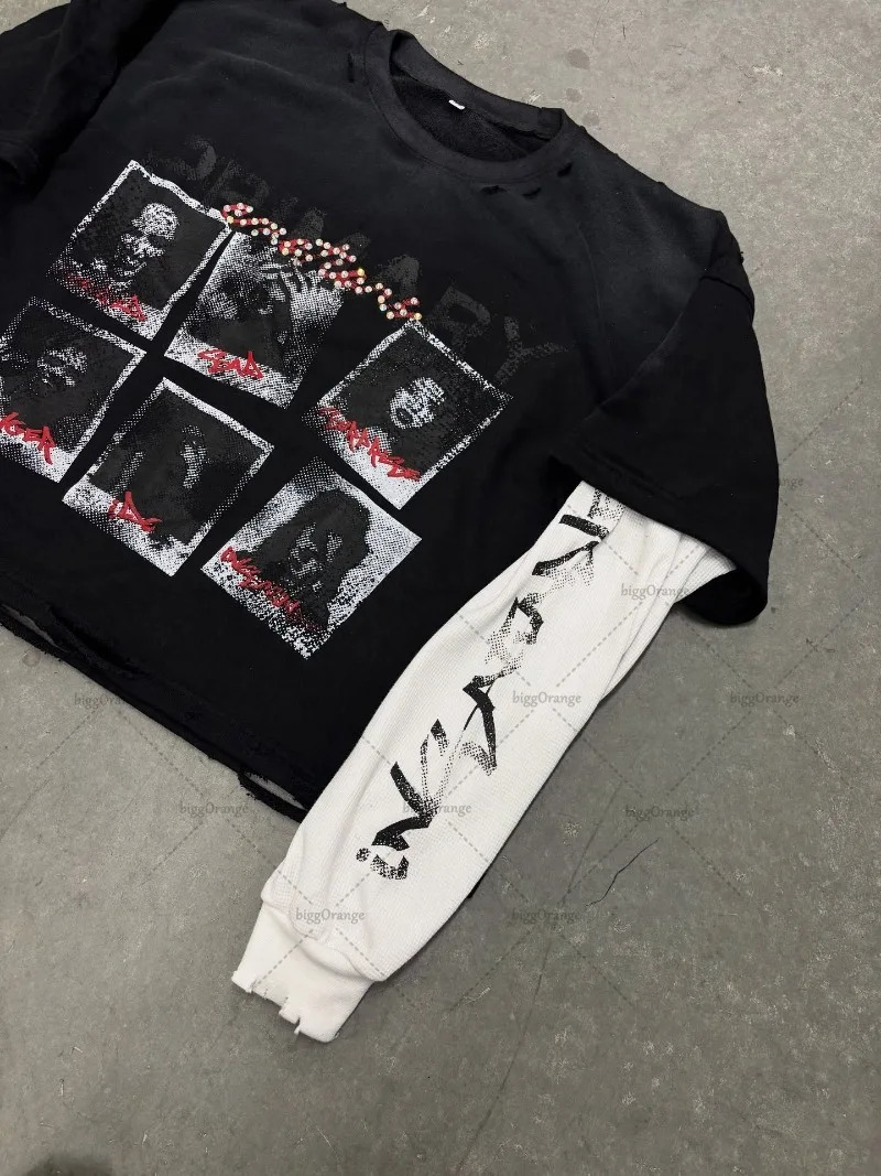 Retro Anime Hiphop Fashion Loose Oversized Splicing Tshirt Men Y2k Goth Harajuku American Street Casual Longsleeved Women 251020