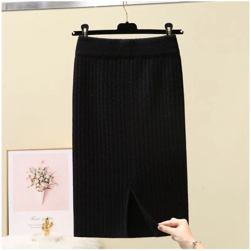 Autumn Winter Elegant High Waist Women Pencil Bodycon Skirt Solid Color Lady Office Knitted Skirt Female Pleated Skirts 251020