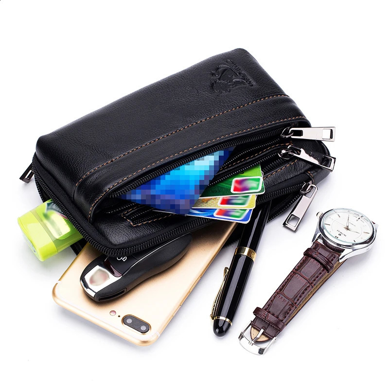 Genuine leather mens waist bag cowhide multifunctional phone bag can be worn with a belt hook251023