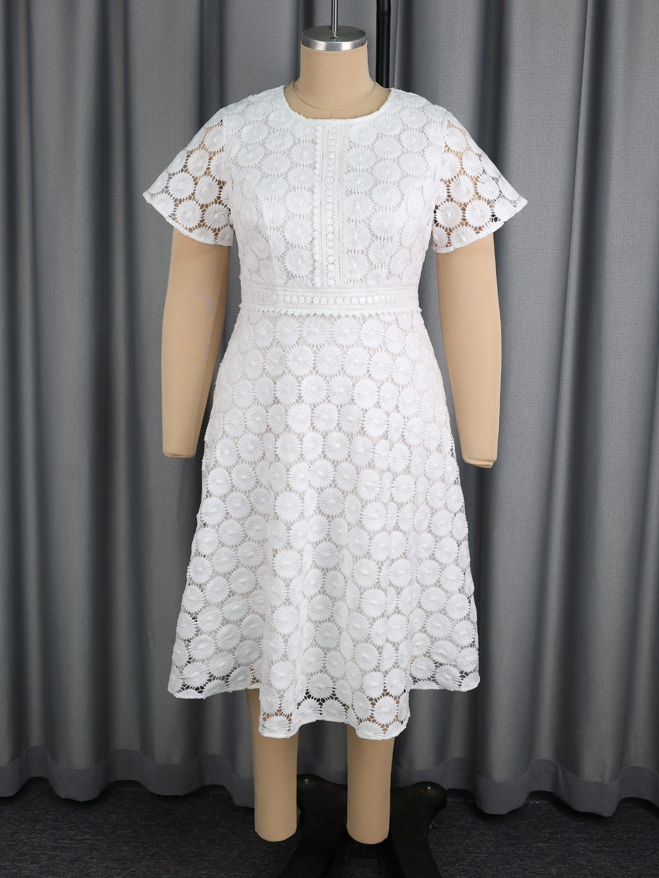 Elegant Orange Summer Casual Hollow Out Lace Dot Women Short Sleeve A Line AOMEI Midi Dresses for Plus Size AM050748