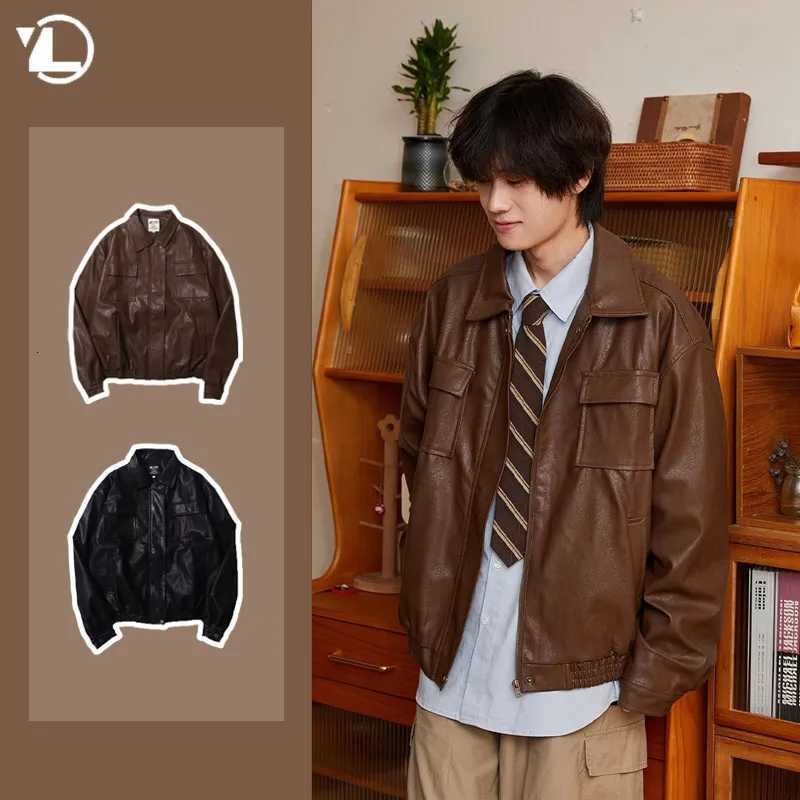 Japanese Mens Leather Jacket 2024 New Harajuku Retro Motorcycle Loose Couple Coat Big Pocket Lapel Bomber Outwear Y2k Trend W251023