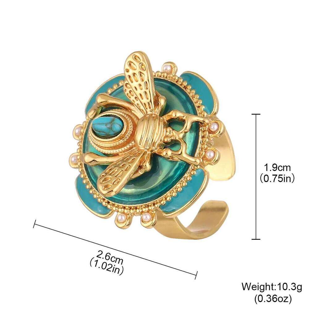 Elegant Gold Plated Bee Charm Jewelry Set - Teal Enamel Ring, Pendant Necklace & Stud Earrings For Women