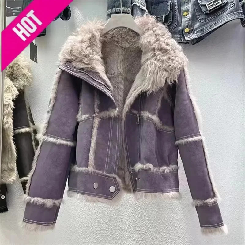 Fur Coat Women 2024Spring Autumn Fashion Sheepskin Jacket With Natural Rabbit Lining Wool Collar Elegant Fallow Clothes 251015