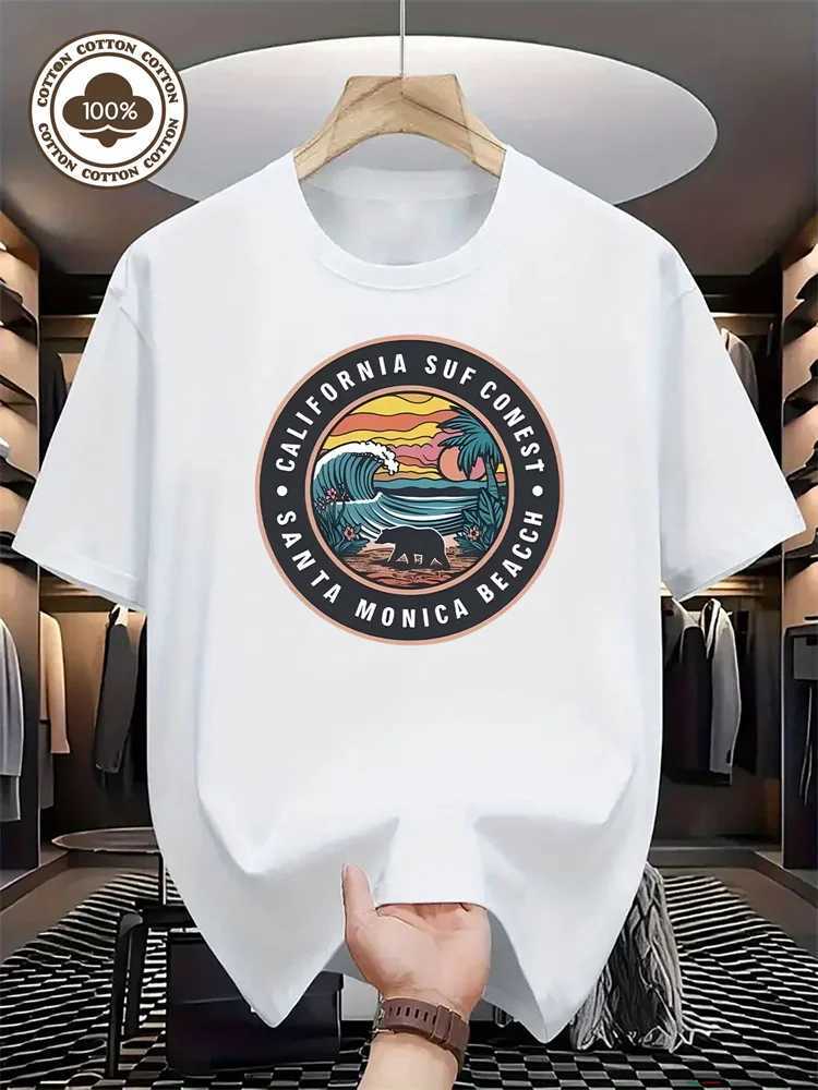 Mens Pure Cotton Shortsleeved California Surfing Competition Santa Monica Beach Pattern Printed Tshirt for Outdoor Use S2XLXJ251023