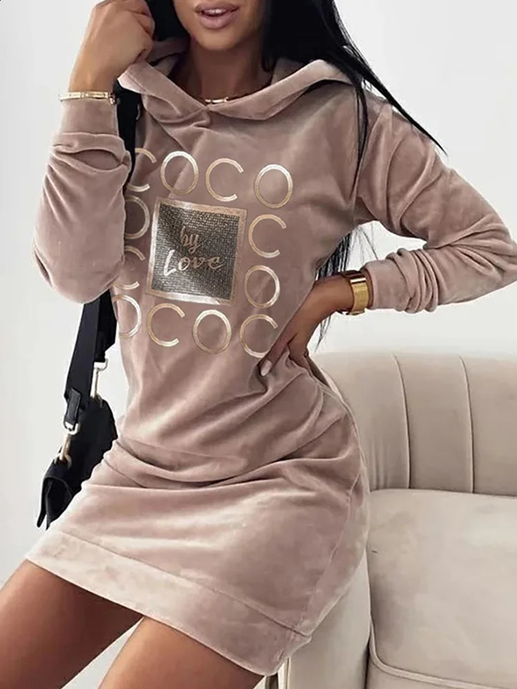 Women Long Sweater Dresses LOVE Print Hooded Loose High Collar Sweatshirts Sleeve Pullover Fall Winter Y2K Street Style Top 251022
