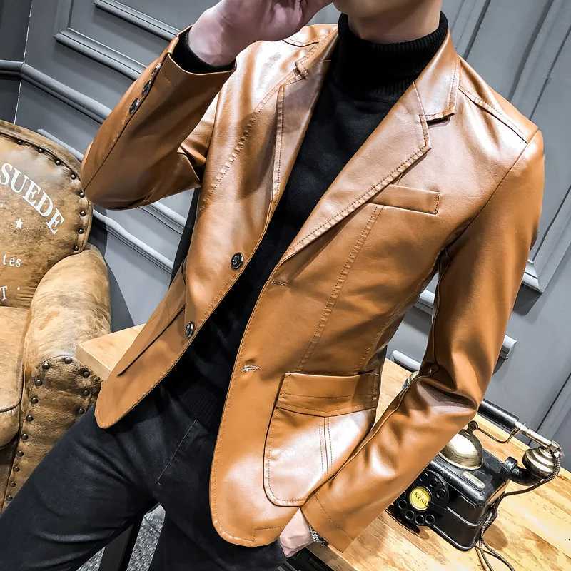 Spring and Autumn Motorcycle Leather Suit Mens Korean Edition Trendy Business Casual PU Leather Red Coat W251023