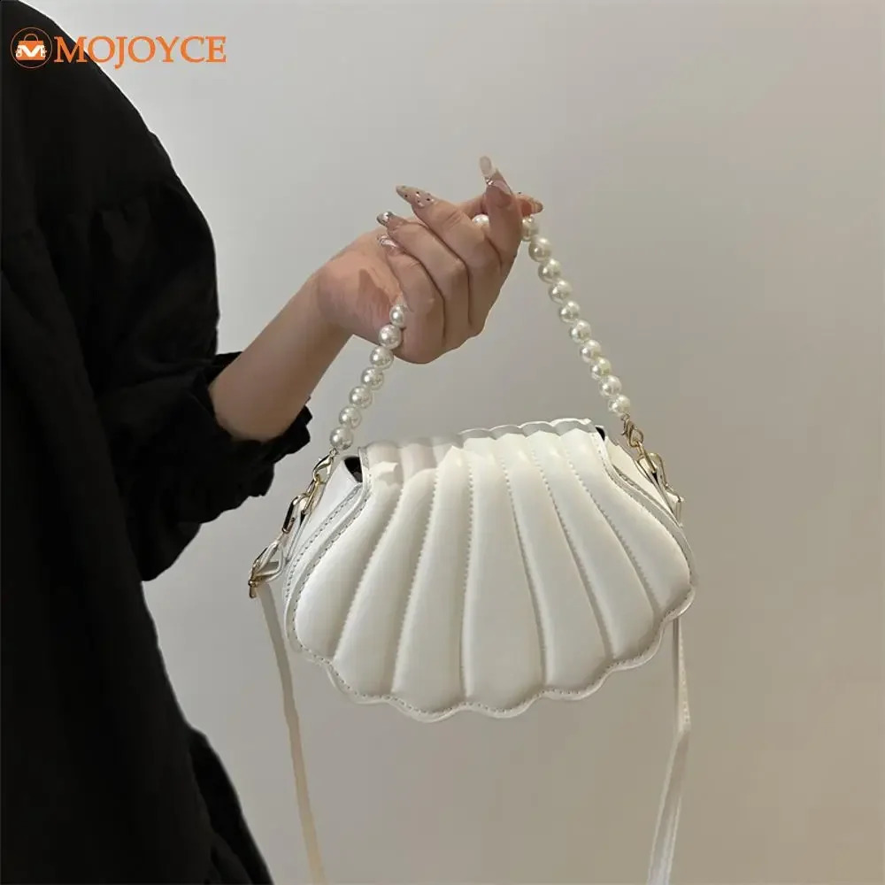 French Pearl Chain Handbag Women Seashell Fashion Shoulder Bag PU Leather Clutch Purse Novelty Solid Chic Hobo Bag Small Satchel251023