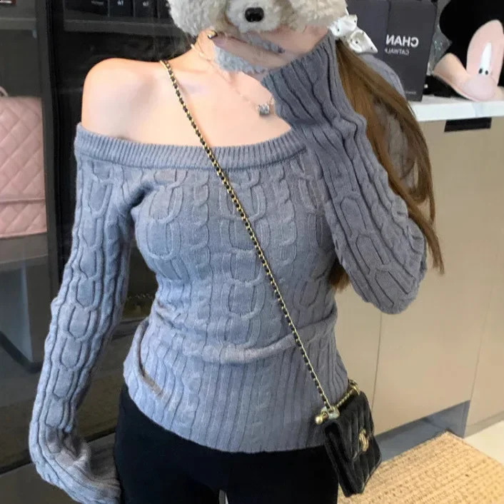 Gray ShoulderOff Knitted Sweater Womens Fashion Slim Fit Base Shirt Trendy Twist Knitwear Winter Casual Top Quality Assurance 251023