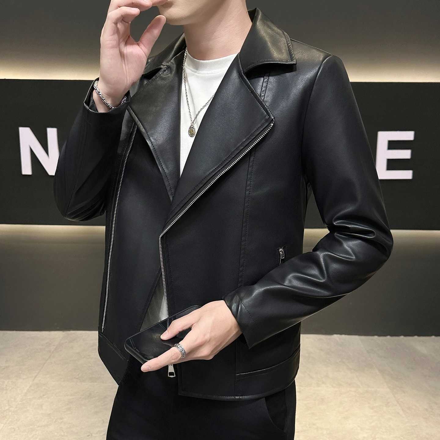 Autumn Mens Green Lapel PU Jacket Black Faux Leather Motorcycle Coats CoffeeBrown Casual Top Asian Sizes Fit Slim Cut W251023