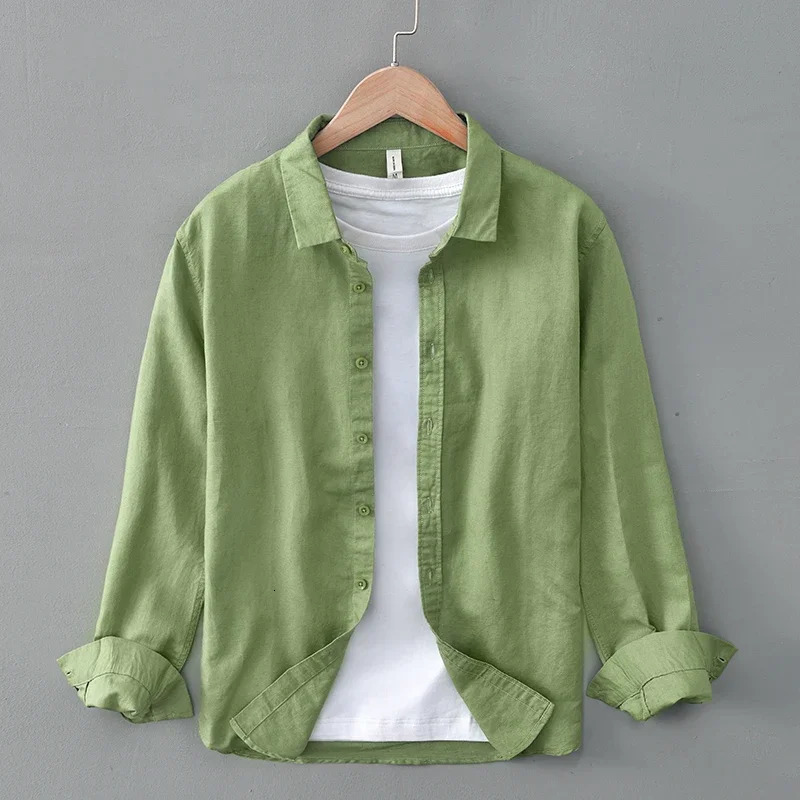 Green Cotton Linen Casual Shirts For Men Basic Classic Long Sleeve Turndown Collar Breathable Clothing 251016