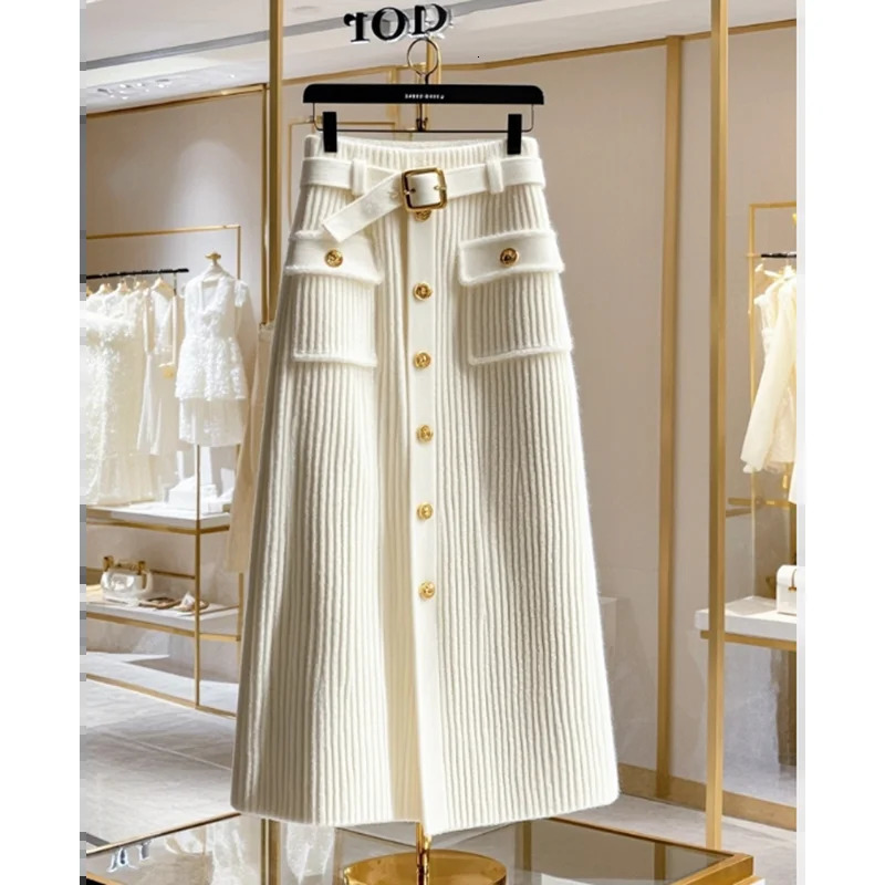 Ladies Winter HighGrade Sense Unique White HighWaisted AKnit Buttons Temperament Slim Fashion Joker Long Soft Skirt 251020