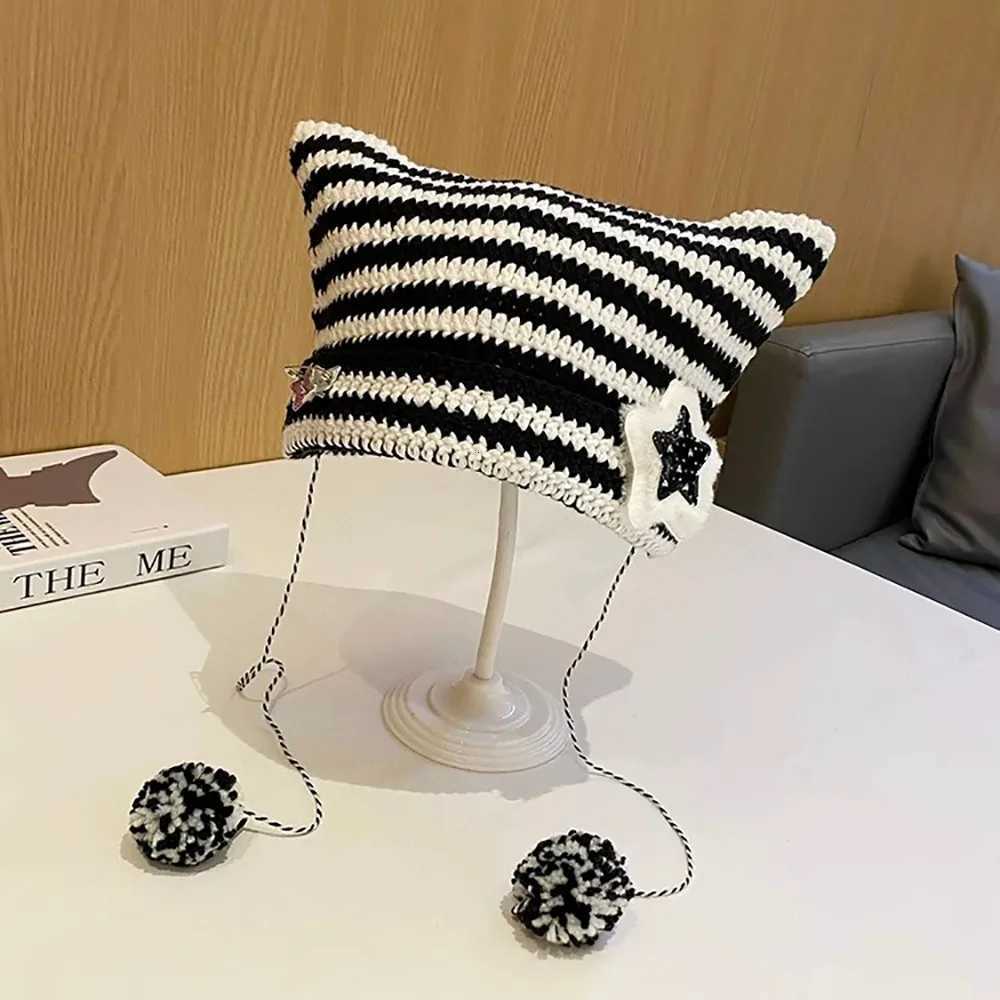 Y2K Beanie Hat Cute Striped Star Devil Hat Devil Ear Cat Ear Hat Knitted Wool Cap Autumn Winter Womens Hat Ear Pointed PulloverXJ251023