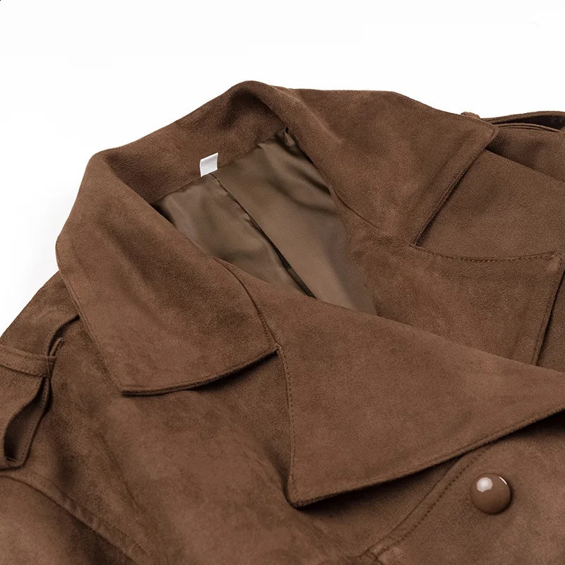 Women Suede Trench Coat Winter Chic Coats Solid TurnDown Collar Long Sleeves Belt Double Breasted Fashion Jackets 251013