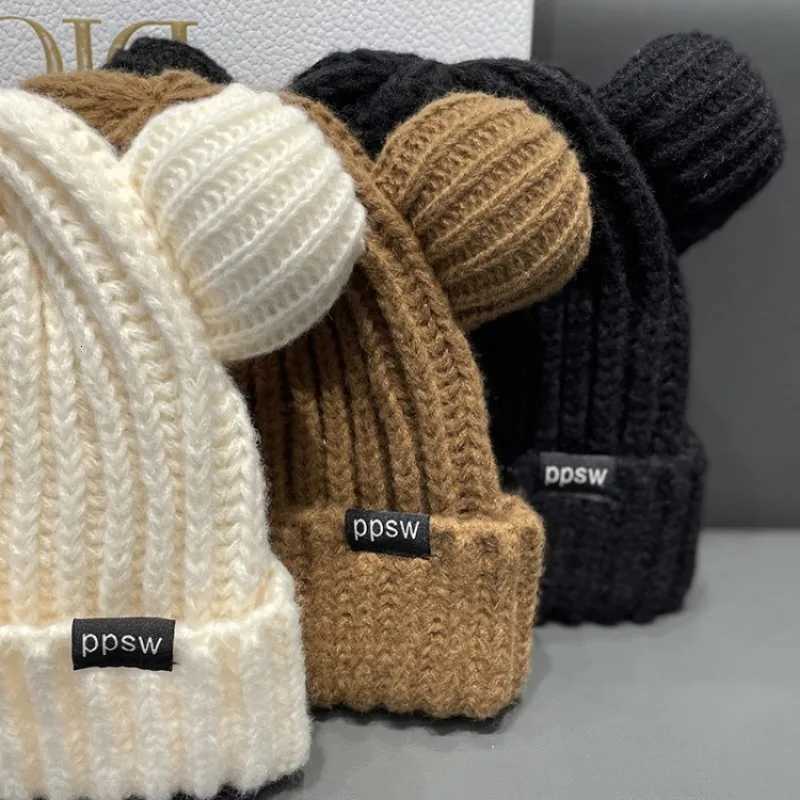Cute Bear Ear Knitted Wool Hat Women Fashion Hooded Thick Beanies Cap Winter Warm Woolen Hats Designer Kpop Personality BonnetXJ251023
