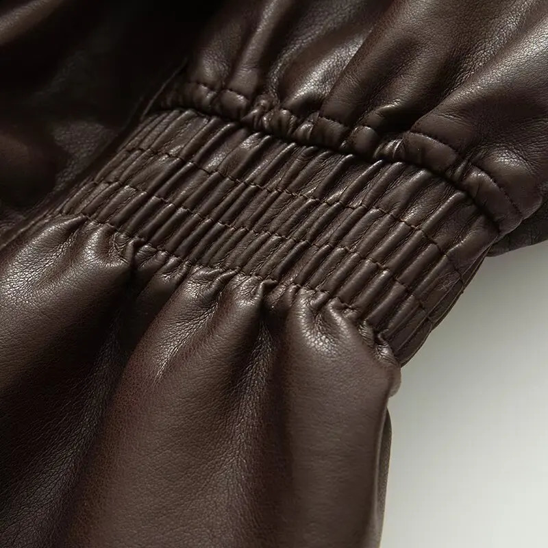 Fall Winter High Street Warm Brown Zipper Pu Leather Jacket Women Casual Lapel Elastic Waist Cinching Coat Outwear Clothes 251017