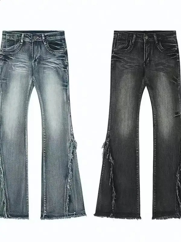 American Style Retro High Street Ruffled Denim Jeans for Women in Autumn Low Waisted Elastic Slimming Wide Leg Mop Pants 251022