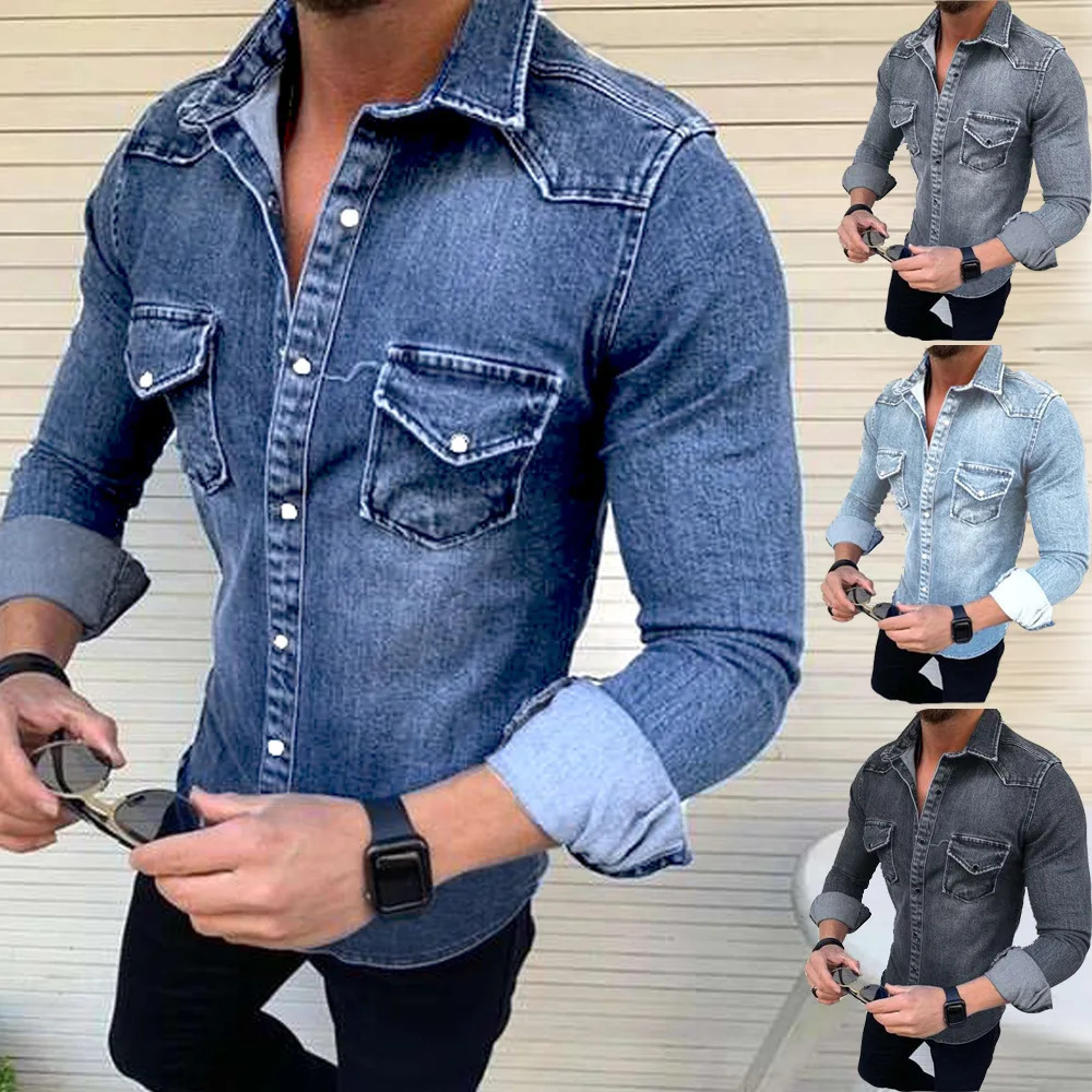 Mens Denim Jacket Washed Shirt Slim Fit Casual Long Sleeved for Men 251017