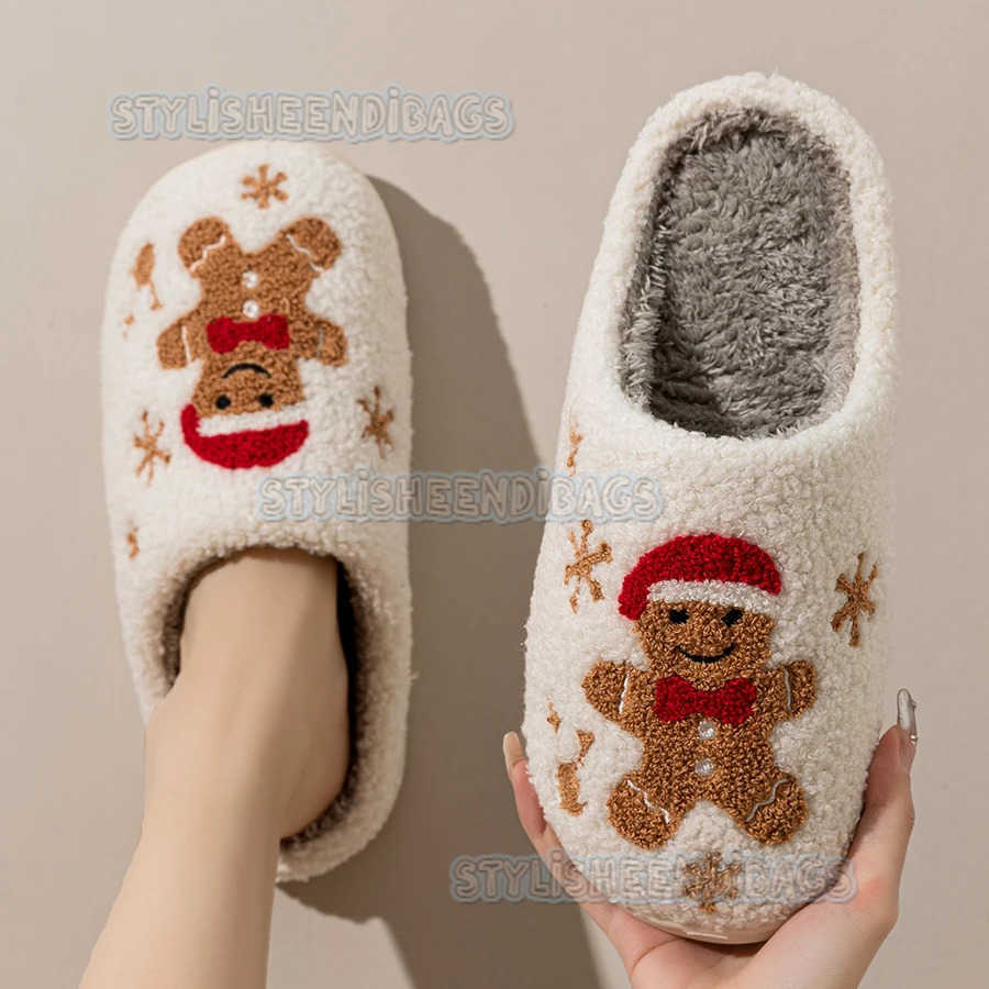 Womens Christmas Slippers Adorable Indoor Festival Gingerbread Man Embroidery Couple Fashion Winter Holiday Christmas Shoes H251023