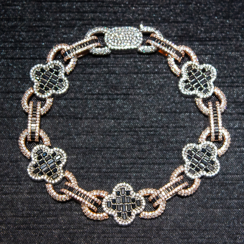 Hip Hop Iced Out Jewelry 925 Sterling Silver Vvs Black Moissanite Rose Gold Plated Clover Leaf Link Bracelet