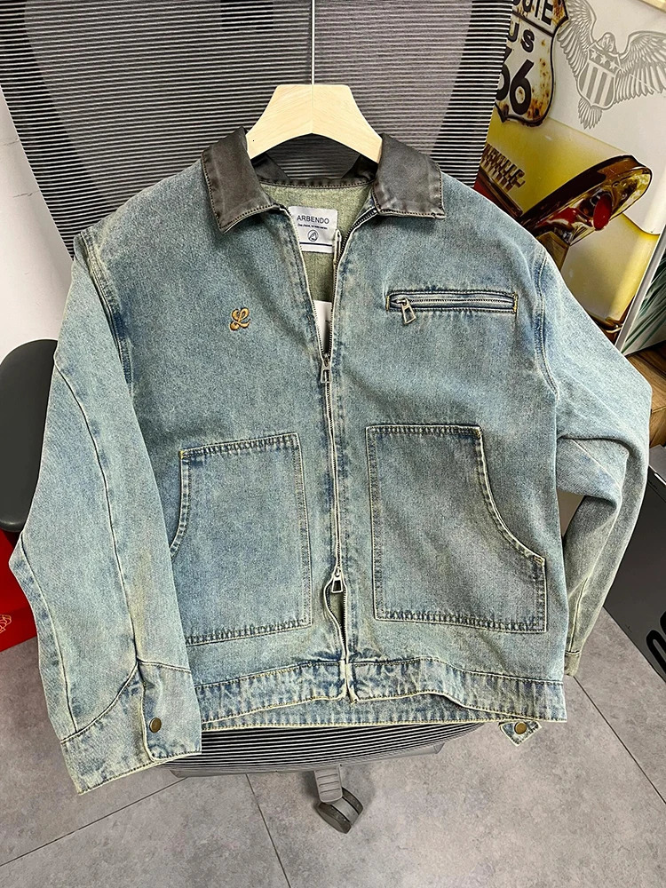 Americana PU Collar Denim Jacket Vintage Washed Embroidered Badge Multi Zip Oversized Spring Fall Cargo Casual Coat 251017