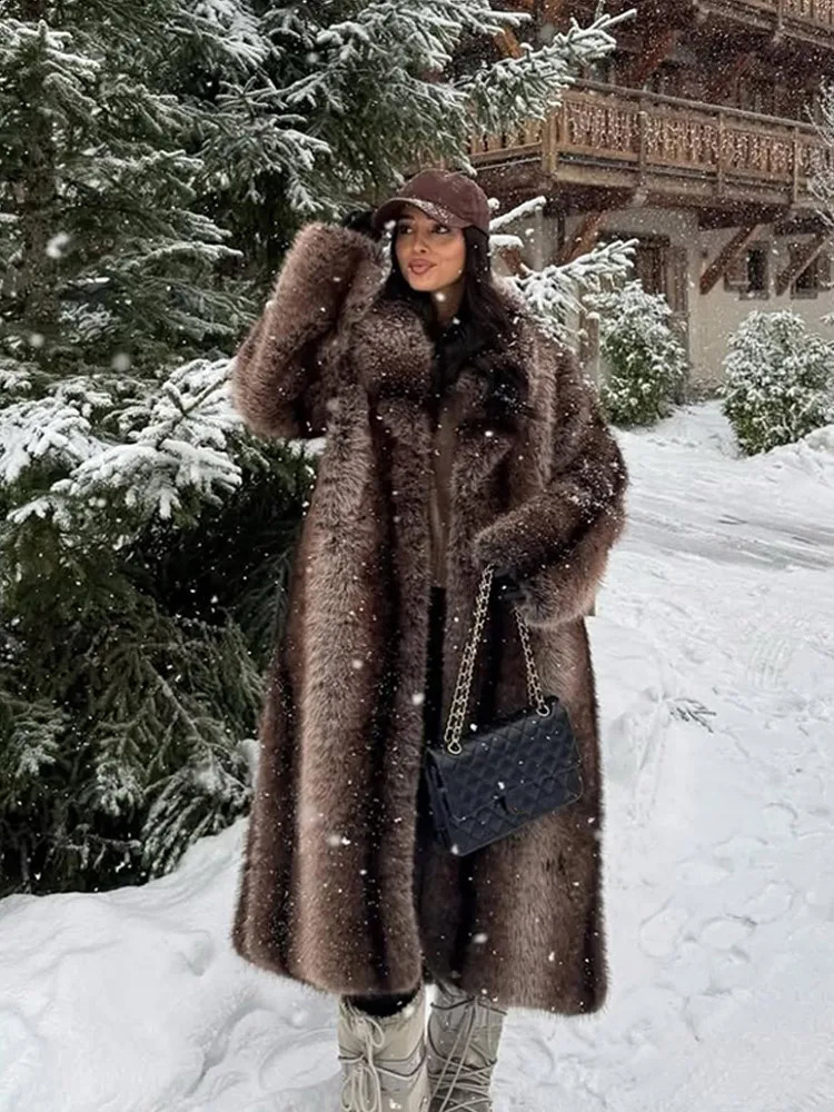 Fashion Brown Faux Fur Overcoat Women y Lapel Long Sleeve Fluffy Coat Winter Female Thicken Warm High Street Outwear 251021