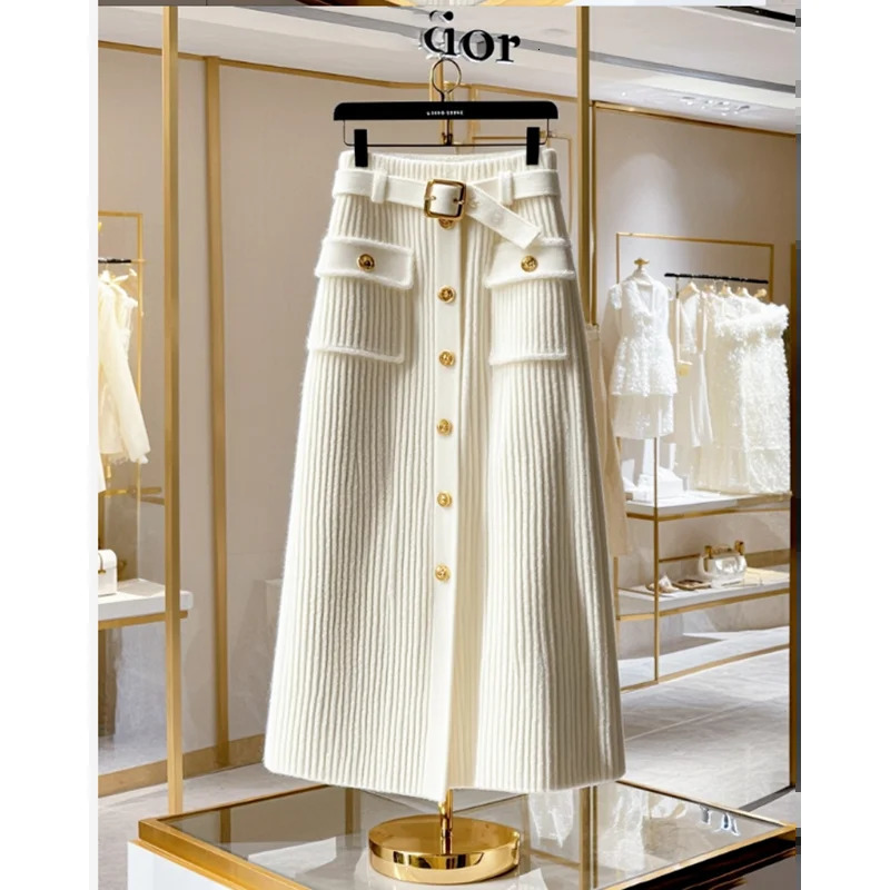Ladies Winter HighGrade Sense Unique White HighWaisted AKnit Buttons Temperament Slim Fashion Joker Long Soft Skirt 251020
