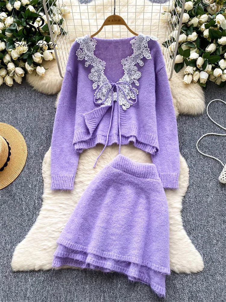SINGREINY Autumn Cashmere Two Piece Suits Lace Splice V Neck CardiganMini Bodycon Skirt Women Fashion Thick Wool Sweater Sets 251022