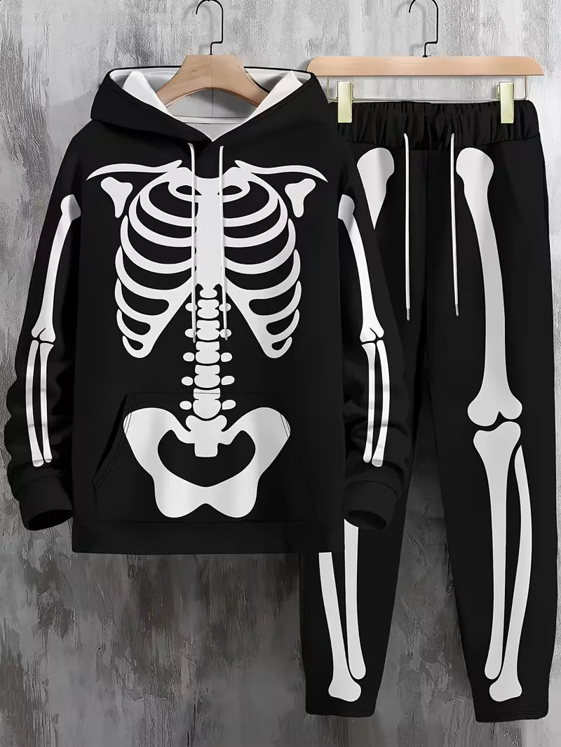 Autumn and Winter Men Hoodie Set Skeleton Printed Pattern Street Sports Quick Drying 251023