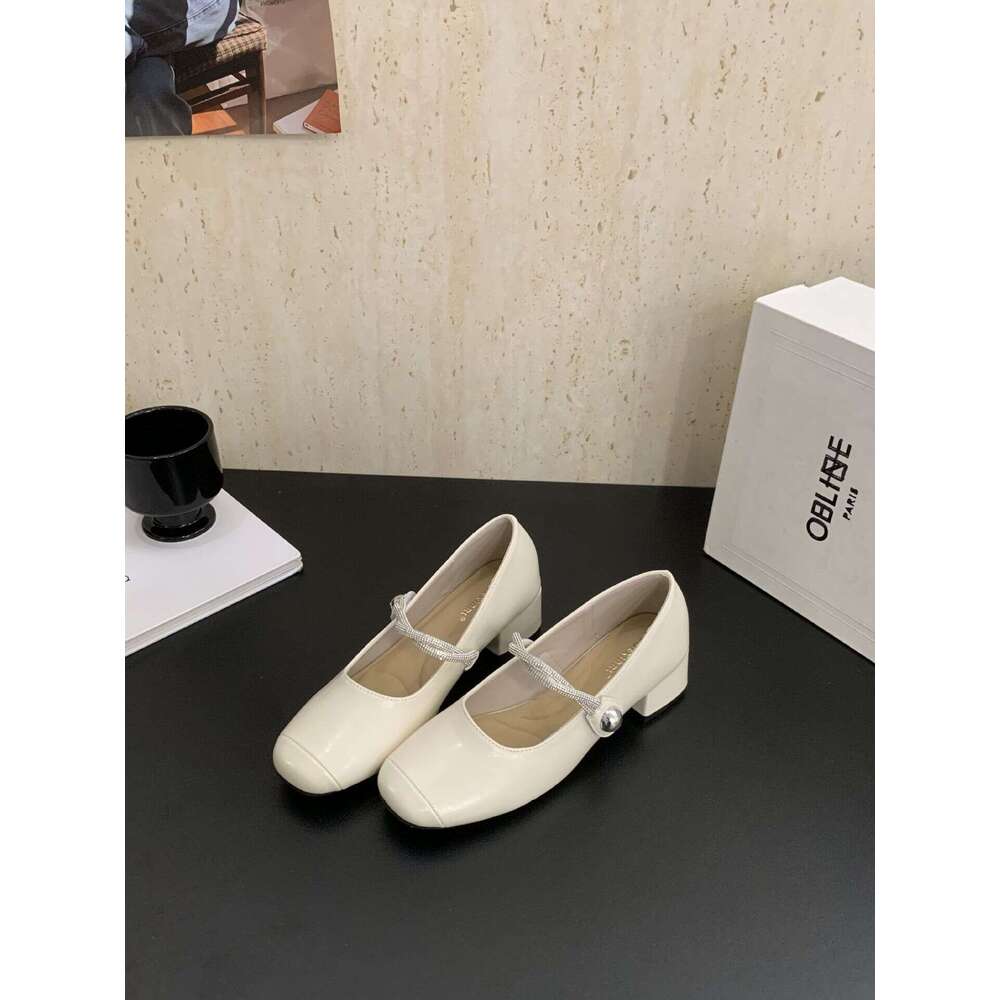 Mary Jane Chunky Heel Women's Square Toe Rhinestone Strap Single Shoes Designer Shoe 2025 Summer New Style