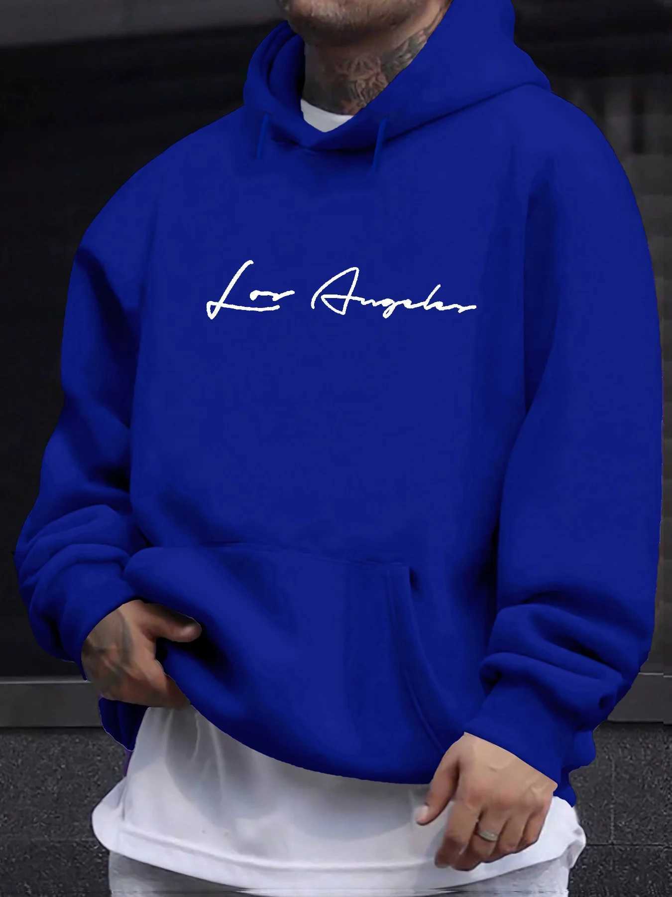 Mens autumn and winter casual fashion loose hooded sweatshirt with Los Angeles letter print long sleeved warm pulloverT251023