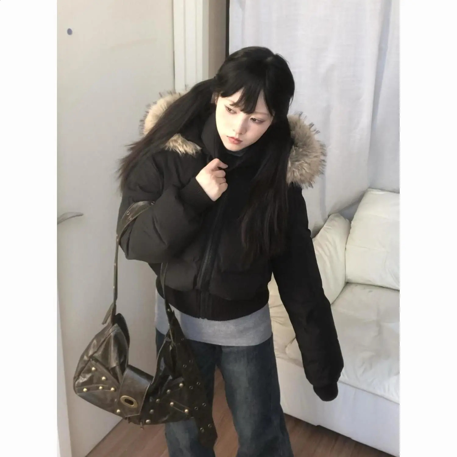 Korean Chic Slim Waist Short Parkas Y2k Harajuku Grunge Print Patchwork Fluffy Hooded Cotton Jacket Autumn Winter Warm Top 251021