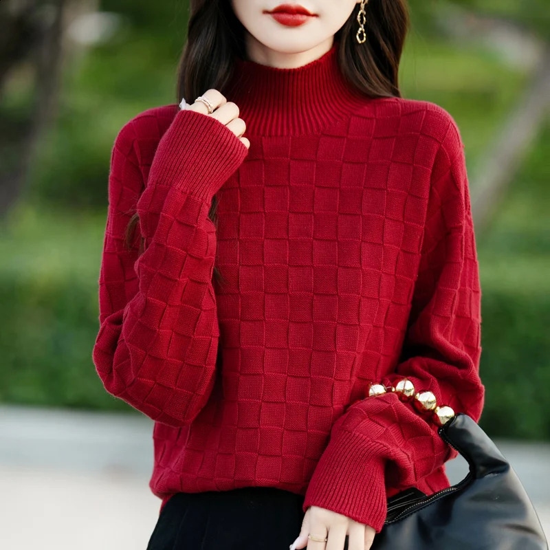 Autumn and Winter Womens 100 Cotton Sweater Half High Collar Pullover Shirt Square Pattern Loose Fashion Knitted Top 251016