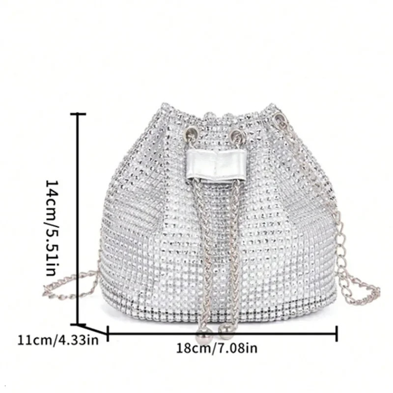 Sparkling Embellished Drawstring Crossbody Bag for Women MultiFunctional Bucket Purse with Detachable Chain Strap 251018