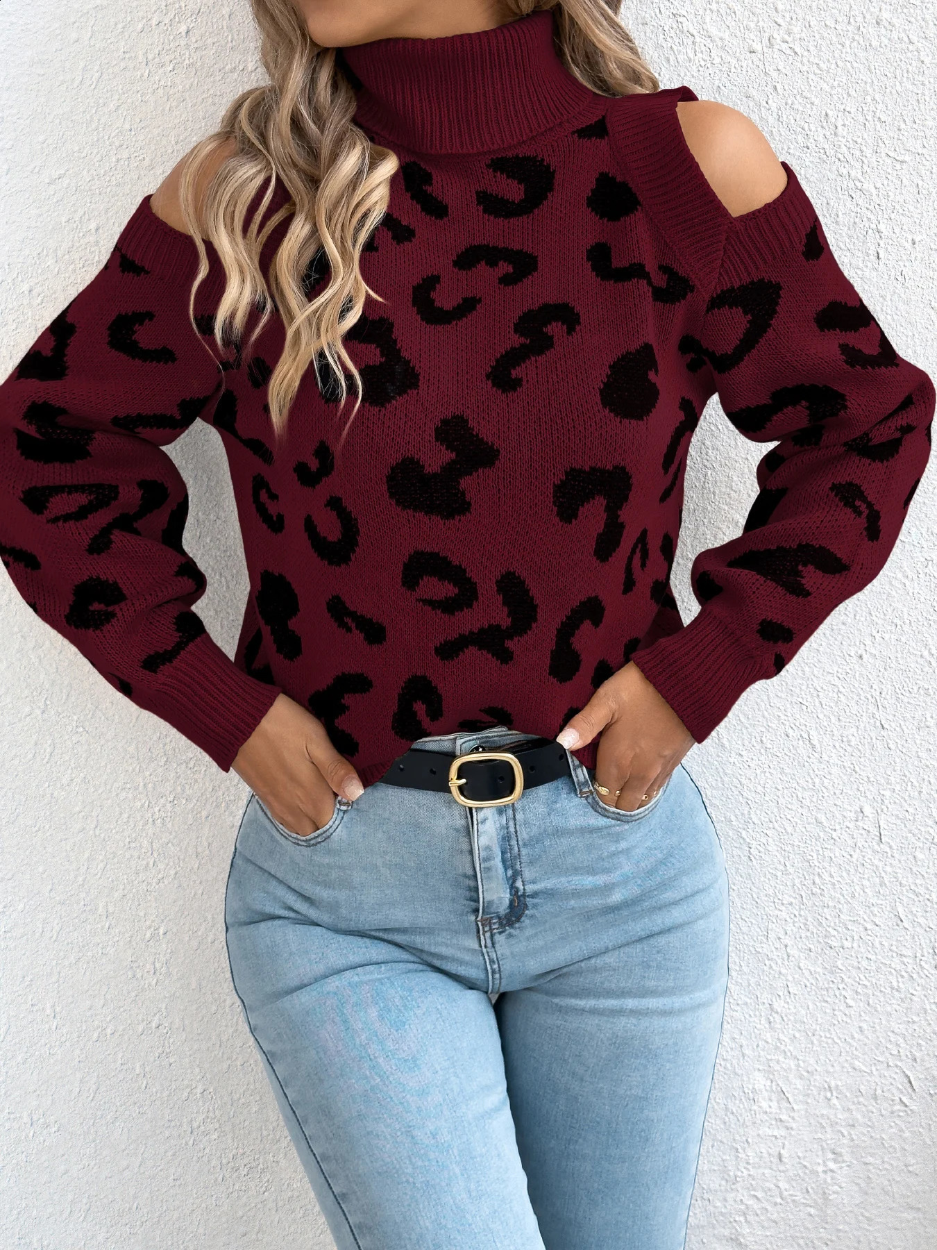 Womens Off Shoulder Leopard Print Tops Casual Turtleneck Lantern Long Sleeve Knitted Sweaters for Autumn Winter Khaki Rose 251023