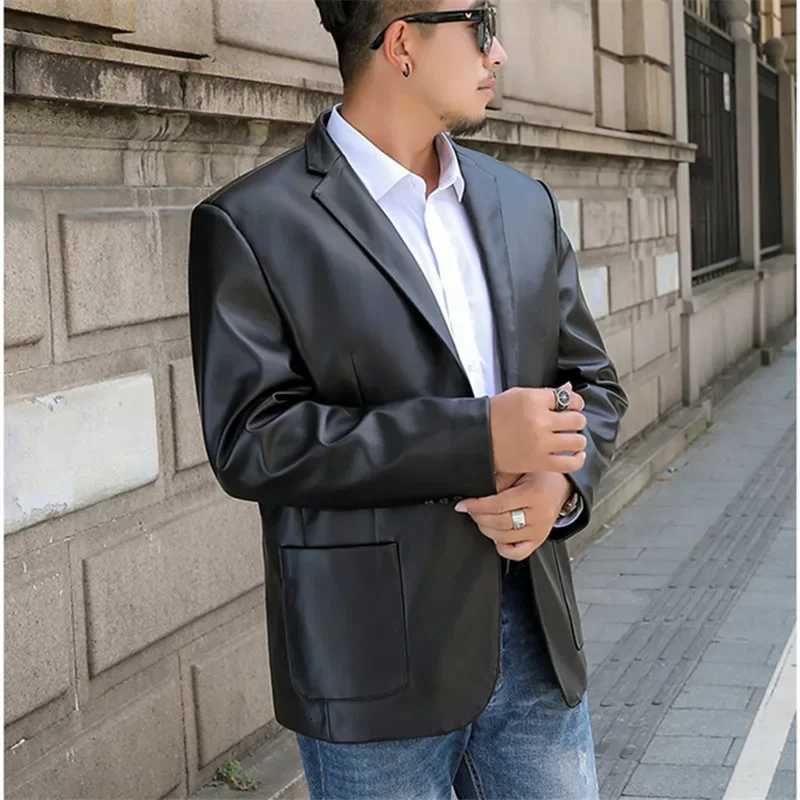 Mens PU Leather Jackets Autumn Winter Turn Down Collar Motorcycle Outerwear Men Solid Loose Casual Leather Blazer Plus Size 8XL W251023