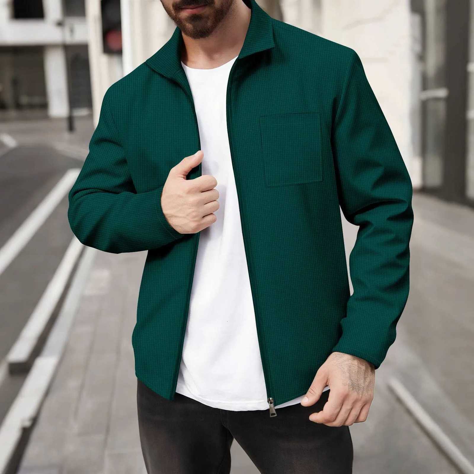 Mens FourSeason Casual Business Waffle Check Coat Lapel Zipper Chest Pocket Fashionable Top W251023