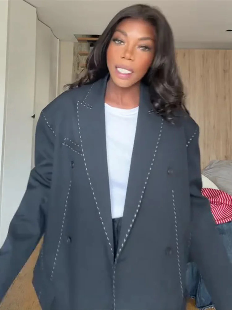 Casual Loose Womens Blazer Pant Suits Lapel DoubeBreasted Top Straight Pants Lady Set Autumn 2 Pieces Set Women 251016