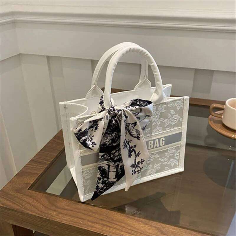 Chic Embroidered Letter Handbag Women Casual Fashionable Versatile Silk Scarf Bow Handbags Shoulder Bag. Everyday Tote Bag Purse