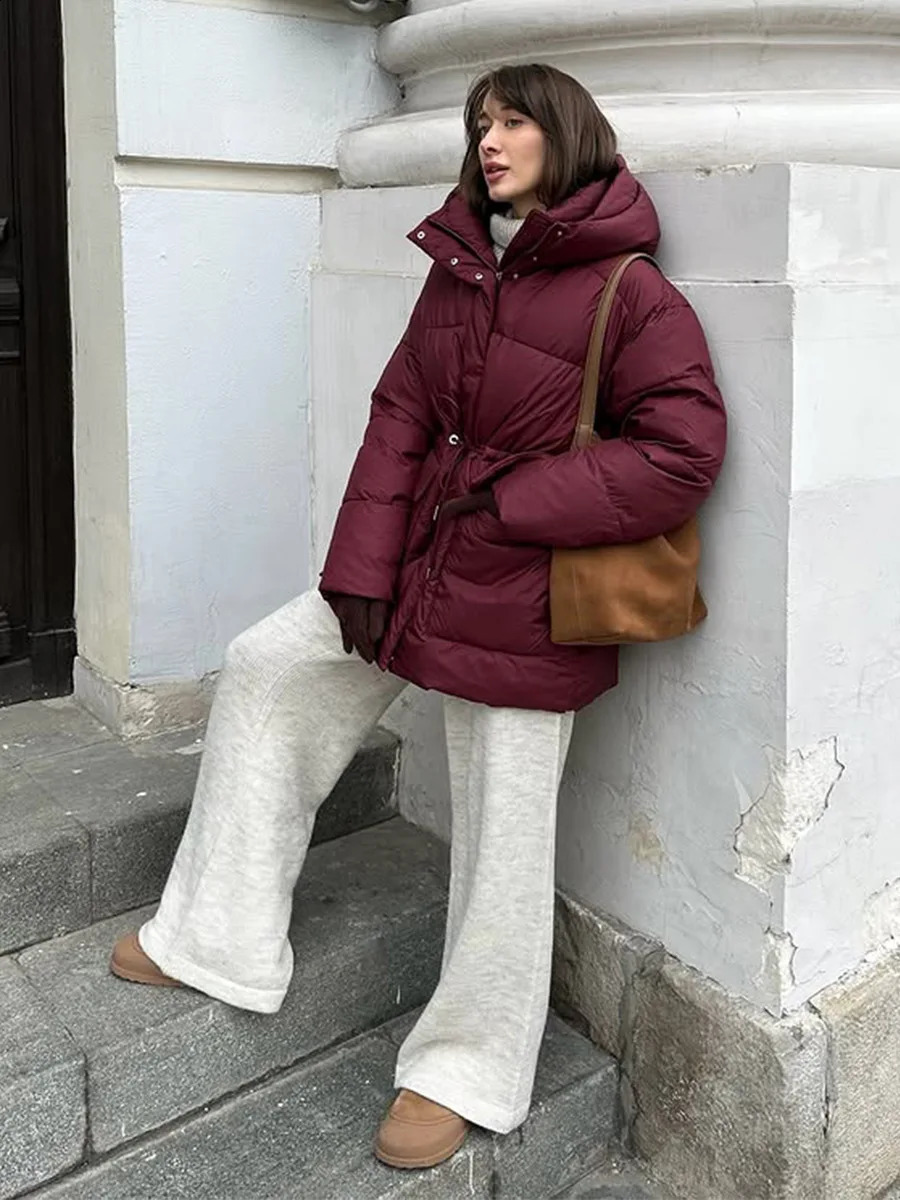 Bornladies Winter Women Wine Red Hooded Puffer Coat Drawstring Waist Zipper Warm Bread Jacket Outerwear 251021