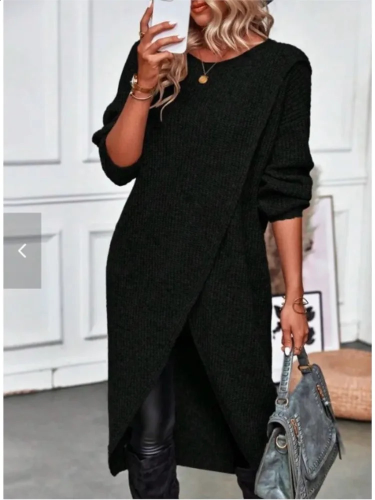 Womens Long Knitted Sweater Dress Autumn Winter Warm Fur Jumpers Casual Solid Loose Knit Midi Lady Work Pullovers 251022