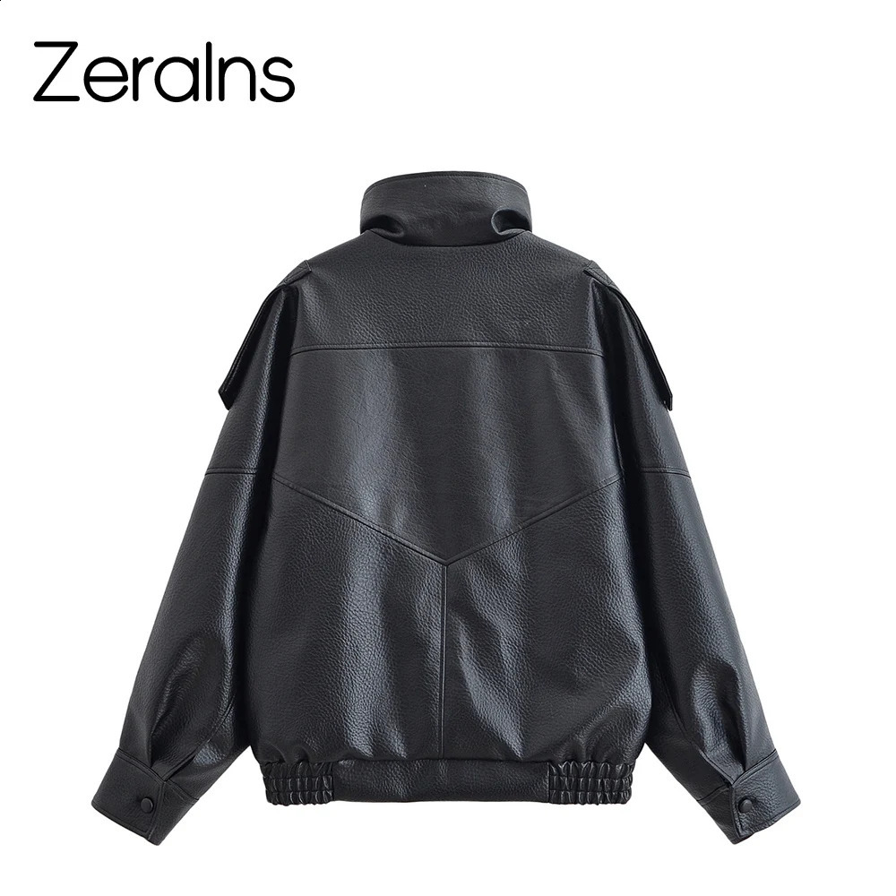ZERAINS Autumn womens clothing European and American fashion loose leather long sleeved stand up collar jacket 251017