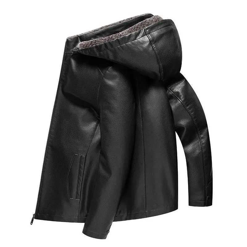 High Quality Middleaged Men Winter Leather Coat Thick Leather Detachable Hooded Jacket Warm Fleece Biker Jacket Men PU022 W251023