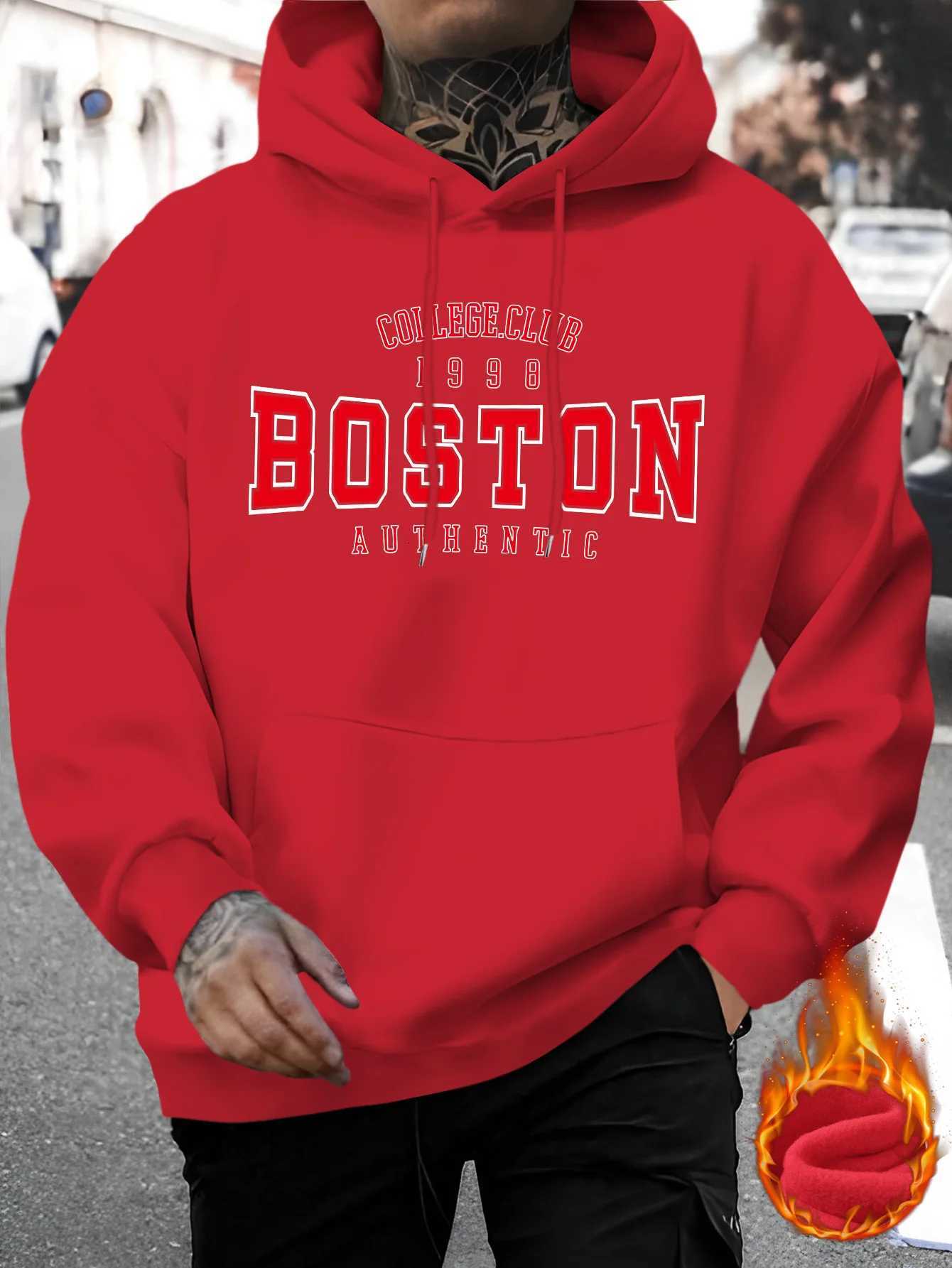 Mens autumn and winter casual fashion loose Boston letter pattern print long sleeved hooded sweatshirt warm pulloverT251023