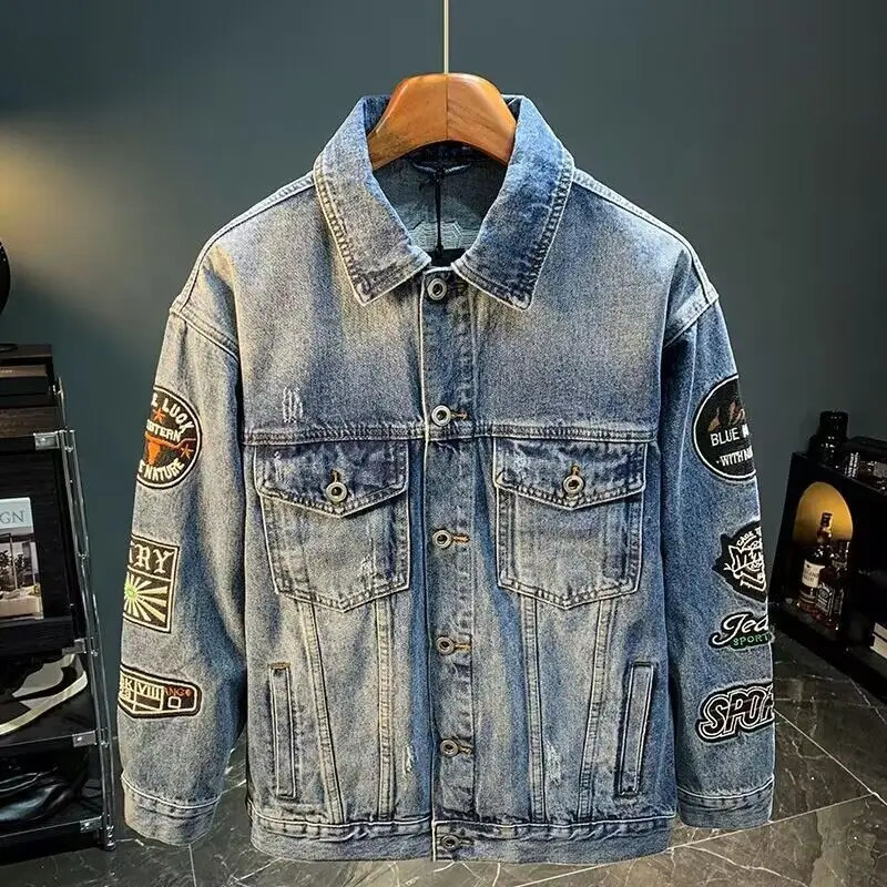 Mens Casual Embroidery Denim Jacket Oversized Plus Size Spring Autumn Coat Youth Fashion Hong Kong Style Workwear Top 251017