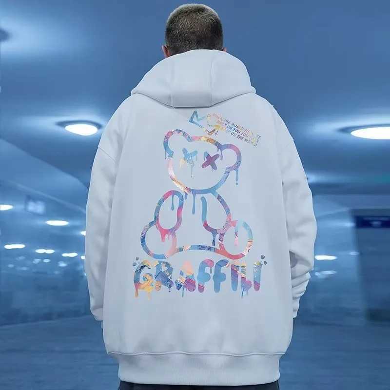 M8XL Trendy American Style Starry Sky Graffiti Bear Print AutumnWinter Warm Jacket Mens HoodieT251023